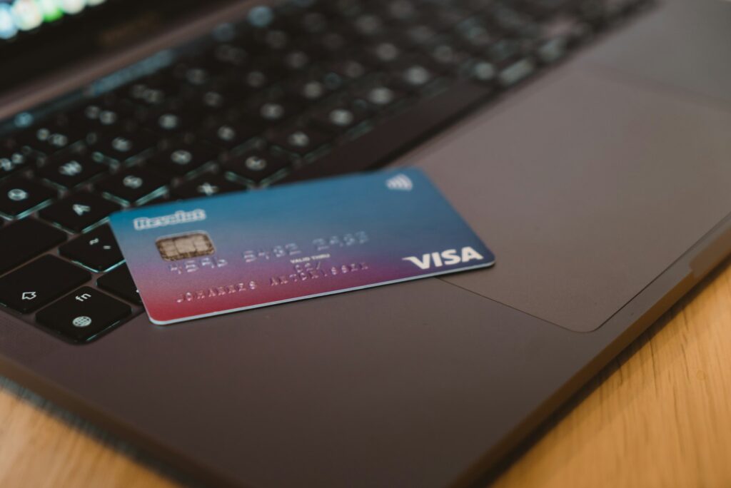 Business bank card on a laptop
