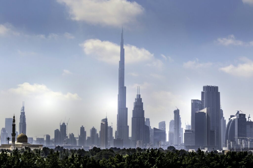 Dubai skyline with Burj Khalifa on a clear day